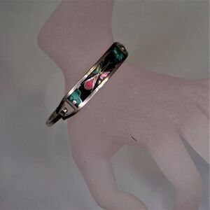 Vintage Taxco Alpaca Sterling Silver Abalone Inlaid Hinge Cuff Bracelet Mexico